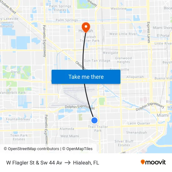 W Flagler St & Sw 44 Av to Hialeah, FL map