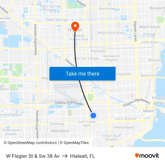 W Flagler St & Sw 38 Av to Hialeah, FL map