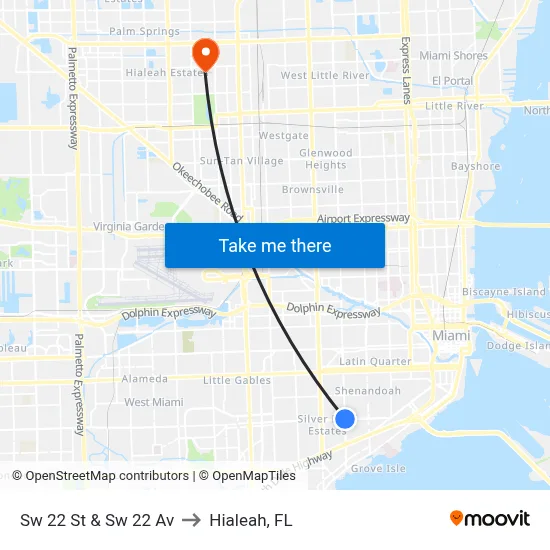 Sw 22 St & Sw 22 Av to Hialeah, FL map