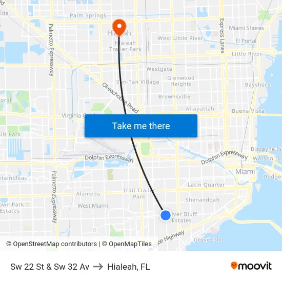 Sw 22 St & Sw 32 Av to Hialeah, FL map