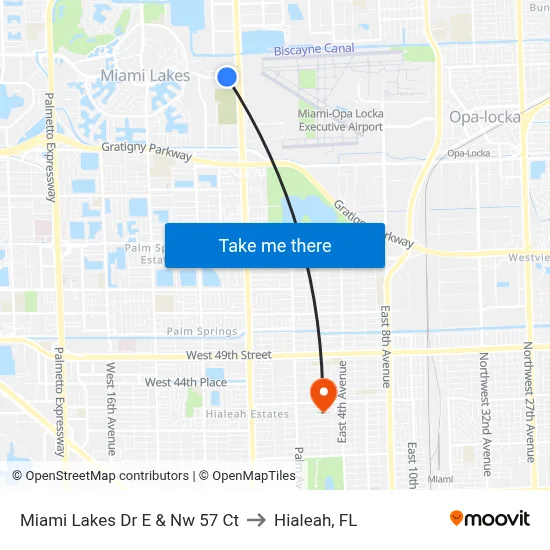 Miami Lakes Dr E & Nw 57 Ct to Hialeah, FL map