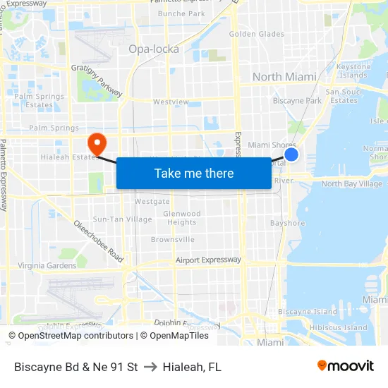 Biscayne Bd & Ne 91 St to Hialeah, FL map