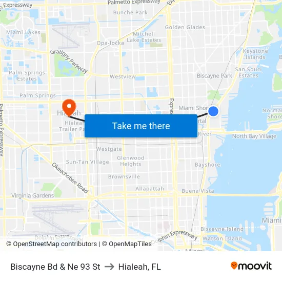 Biscayne Bd & Ne 93 St to Hialeah, FL map