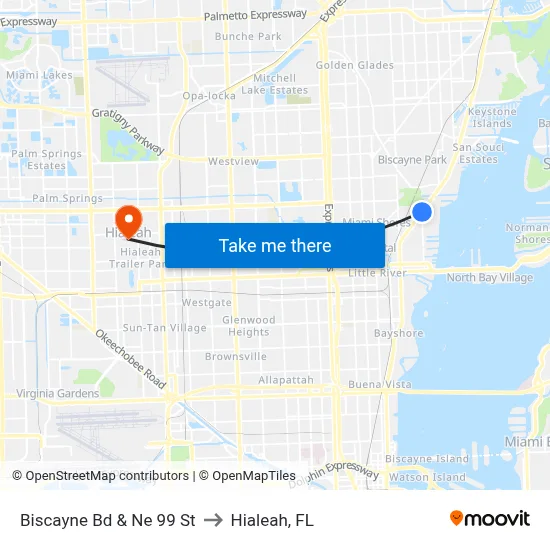 Biscayne Bd & Ne 99 St to Hialeah, FL map