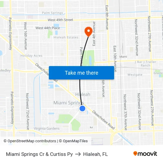 Miami Springs Cr & Curtiss Py to Hialeah, FL map
