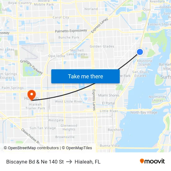 Biscayne Bd & Ne 140 St to Hialeah, FL map