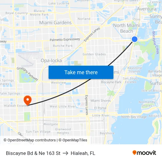 Biscayne Bd & Ne 163 St to Hialeah, FL map