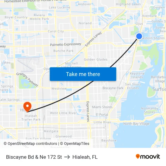 Biscayne Bd & Ne 172 St to Hialeah, FL map
