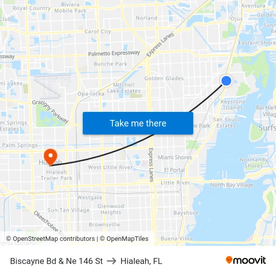 Biscayne Bd & Ne 146 St to Hialeah, FL map