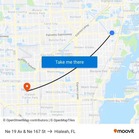 Ne 19 Av & Ne 167 St to Hialeah, FL map
