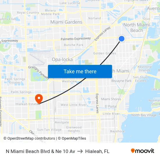 N Miami Beach Blvd & Ne 10 Av to Hialeah, FL map