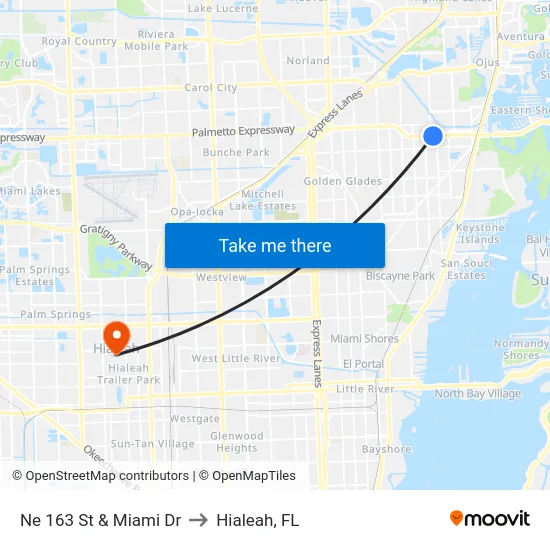 Ne 163 St & Miami Dr to Hialeah, FL map