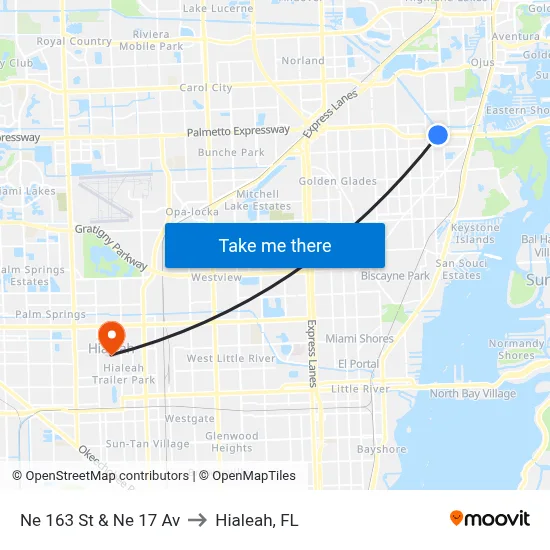 Ne 163 St & Ne 17 Av to Hialeah, FL map