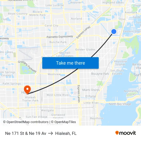 Ne 171 St & Ne 19 Av to Hialeah, FL map