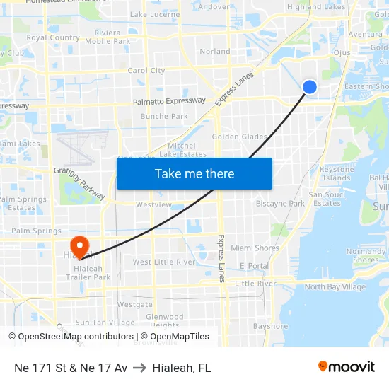 Ne 171 St & Ne 17 Av to Hialeah, FL map