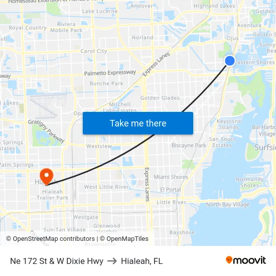 Ne 172 St & W Dixie Hwy to Hialeah, FL map