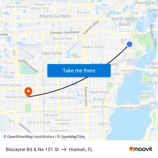 Biscayne Bd & Ne 151 St to Hialeah, FL map