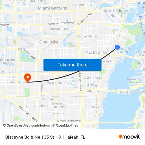 Biscayne Bd & Ne 135 St to Hialeah, FL map