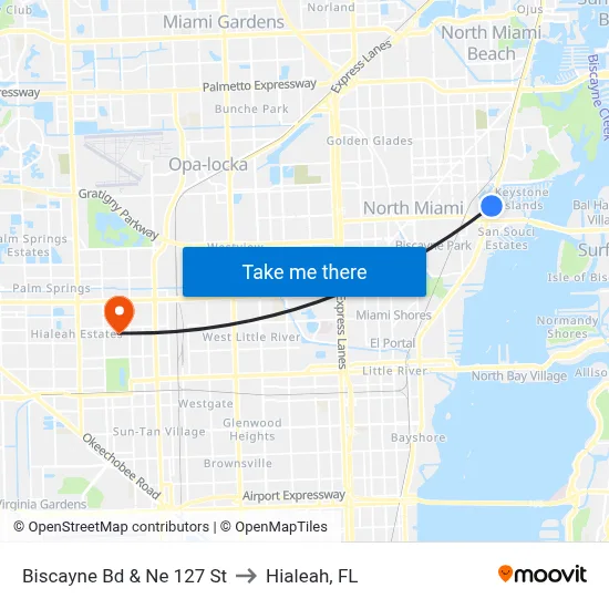 Biscayne Bd & Ne 127 St to Hialeah, FL map