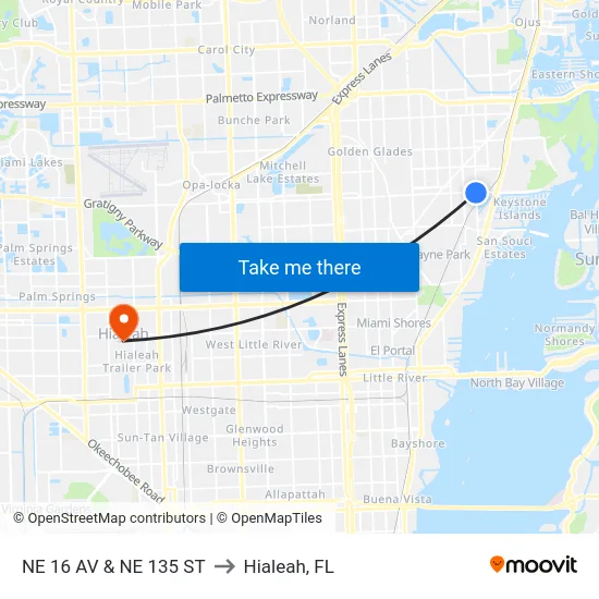 Ne 16 Av & Ne 135 St to Hialeah, FL map