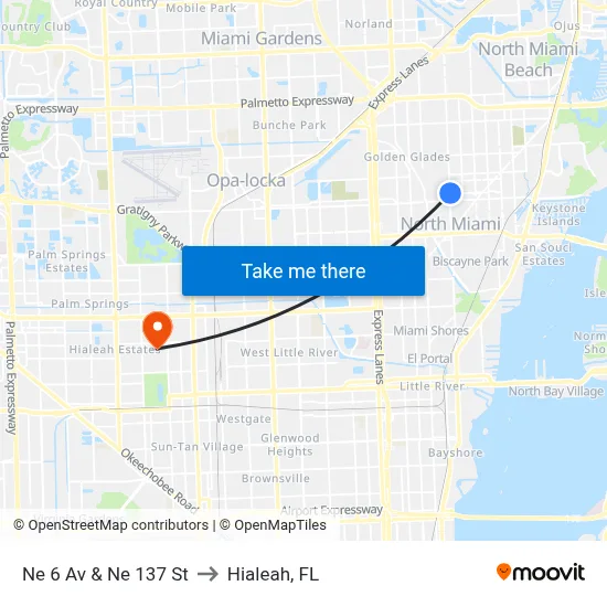 Ne 6 Av & Ne 137 St to Hialeah, FL map