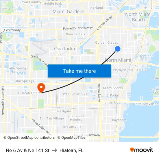 Ne 6 Av & Ne 141 St to Hialeah, FL map