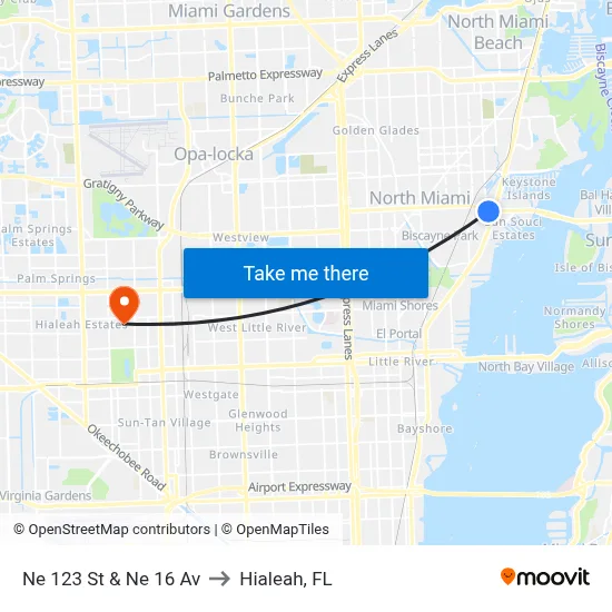 Ne 123 St & Ne 16 Av to Hialeah, FL map