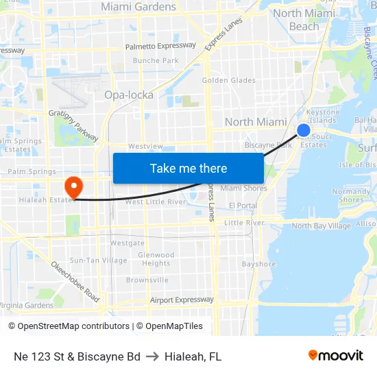 Ne 123 St & Biscayne Bd to Hialeah, FL map