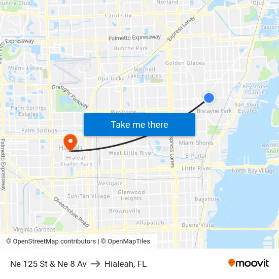 Ne 125 St & Ne 8 Av to Hialeah, FL map