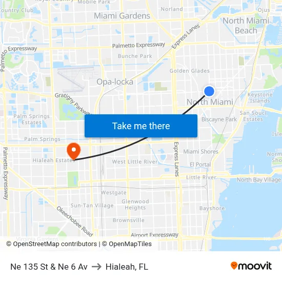 Ne 135 St & Ne 6 Av to Hialeah, FL map