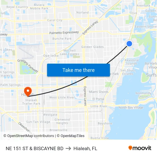 Ne 151 St & Biscayne Bd to Hialeah, FL map