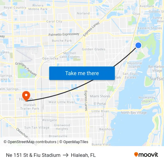 Ne 151 St & Fiu Stadium to Hialeah, FL map