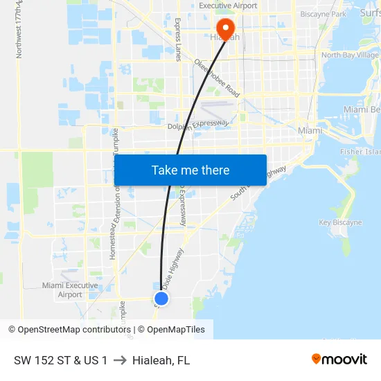 Sw 152 St & Us 1 to Hialeah, FL map