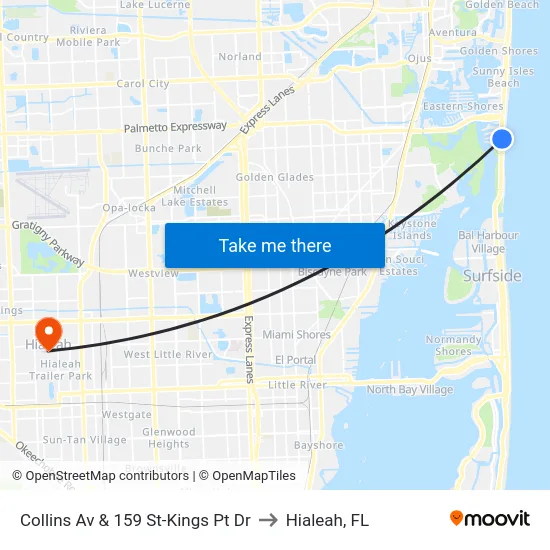 Collins Av & 159 St-Kings Pt Dr to Hialeah, FL map