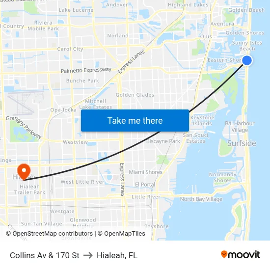 Collins Av & 170 St to Hialeah, FL map