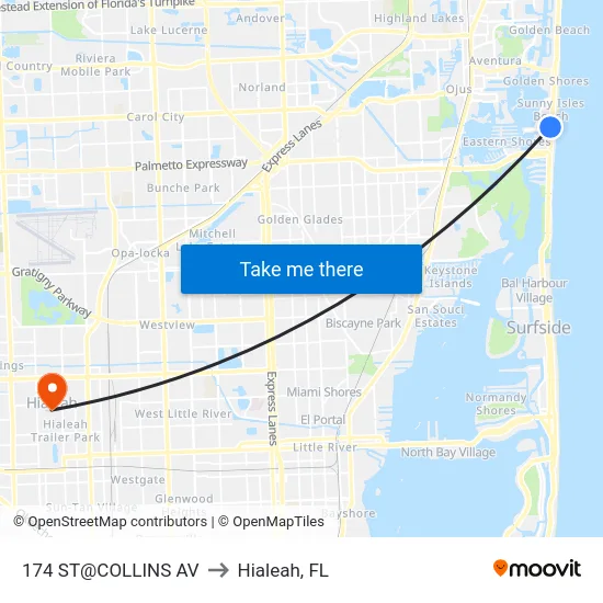 174 St@collins Av to Hialeah, FL map