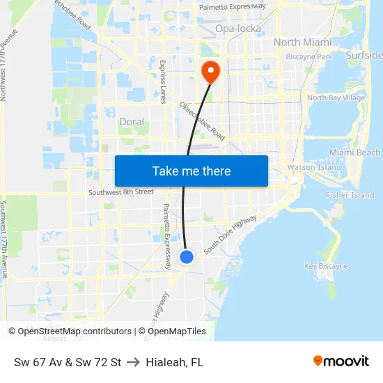 Sw 67 Av & Sw 72 St to Hialeah, FL map