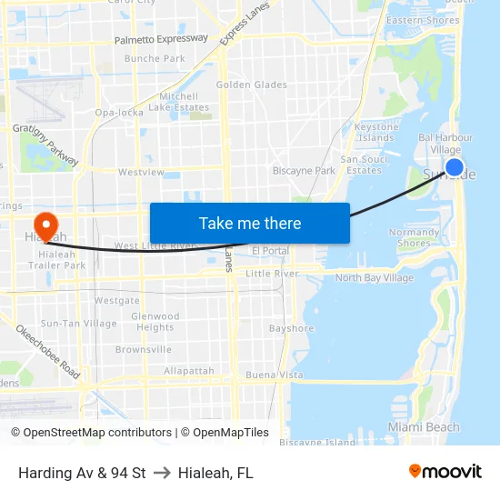 Harding Av & 94 St to Hialeah, FL map