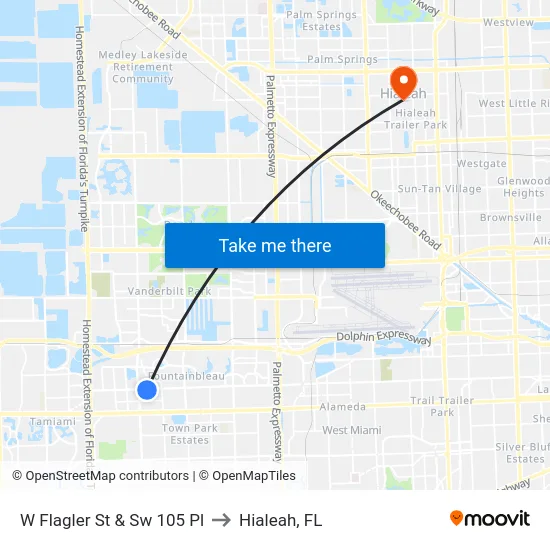 W Flagler St & Sw 105 Pl to Hialeah, FL map