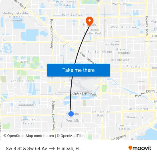 Sw 8 St & Sw 64 Av to Hialeah, FL map