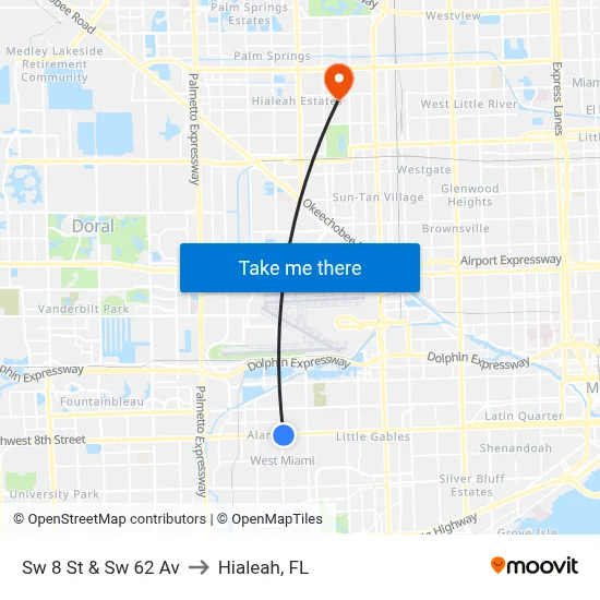 Sw 8 St & Sw 62 Av to Hialeah, FL map