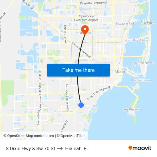 S Dixie Hwy & Sw 70 St to Hialeah, FL map