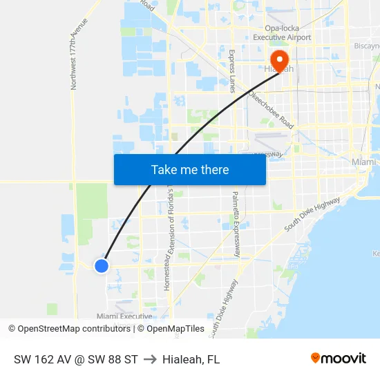 Sw 162 Av @ Sw 88 St to Hialeah, FL map