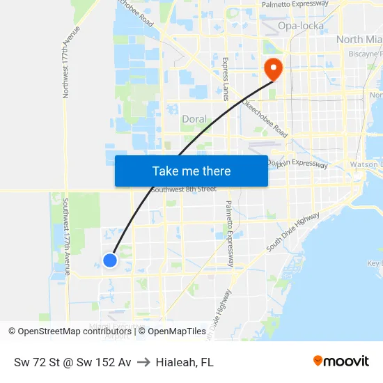 Sw 72 St @ Sw 152 Av to Hialeah, FL map