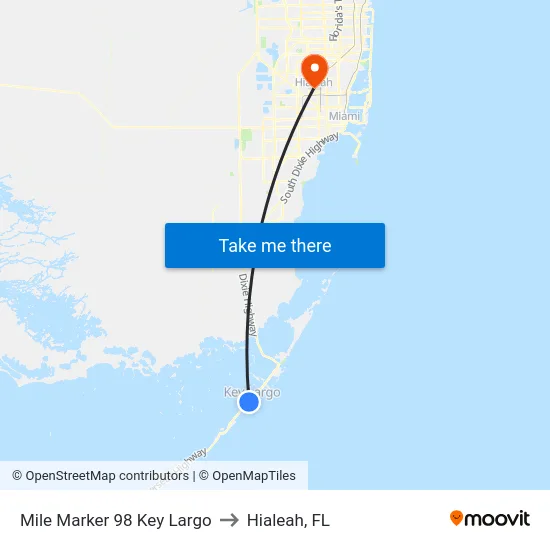 Mile Marker 98 Key Largo to Hialeah, FL map