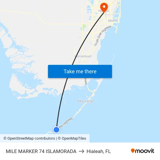 Mile Marker 74 Islamorada to Hialeah, FL map