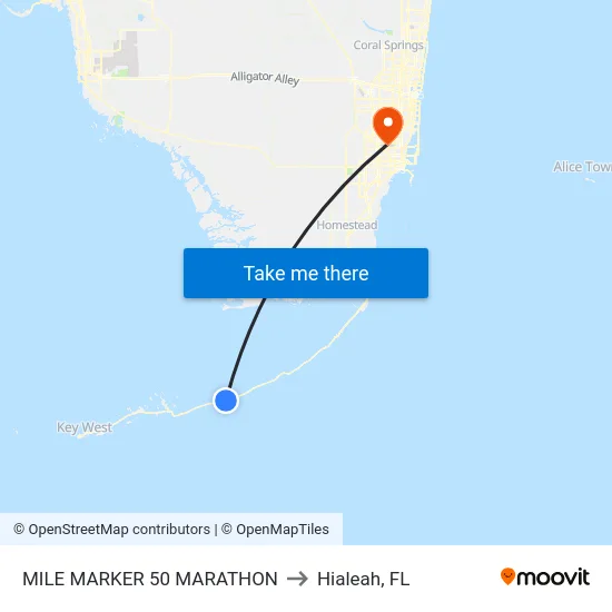 Mile Marker 50 Marathon to Hialeah, FL map