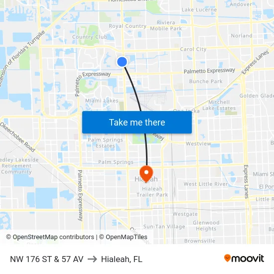 Nw 176 St & 57 Av to Hialeah, FL map