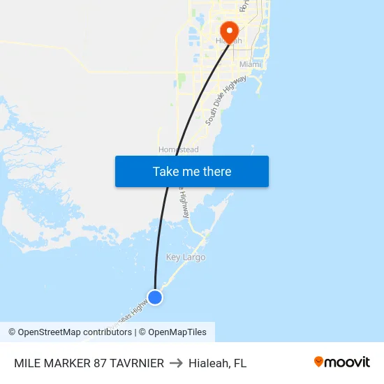 Mile Marker 87 Tavrnier to Hialeah, FL map