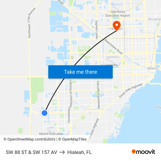 Sw 88 St & Sw 157 Av to Hialeah, FL map